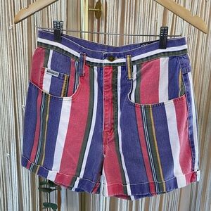 90s vintage cuffed denim mom shorts colorful vertical stripes high waisted sz M